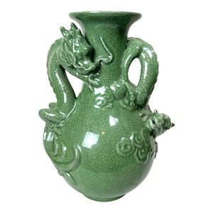 Double Dragon Celadon Green Chinese Crackle Vase Large